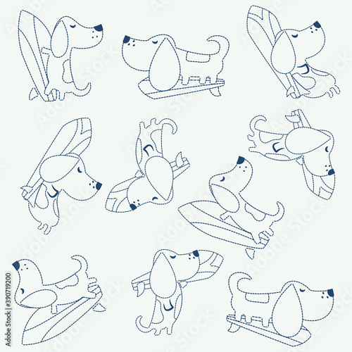 Seamless pattern with cheerful Dachshund dogs on vacations. Surfing the waves. Vector illustration