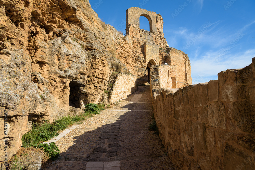 Access ramp to the historic ruined castle or citadel of Zorita de los Canes, Guadalajara, Spain