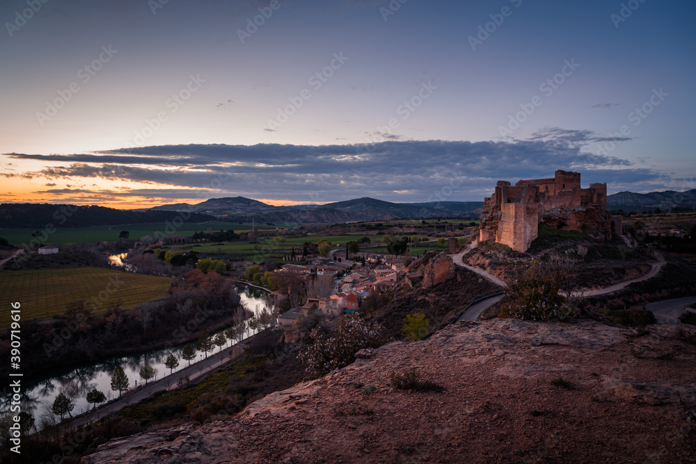 Beautiful city landscape of Zorita del los Canes with the village, Castle and Tagus river at sunset, Guadalajara, Spain