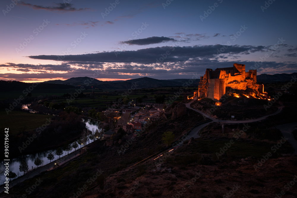 Beautiful city landscape of Zorita del los Canes with the village, Castle and Tagus river at sunset, Guadalajara, Spain