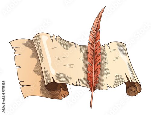 Old books. Vector old scroll paper with vintage antique quill. Parchment paper. Retro writing stationery for poetry work or education