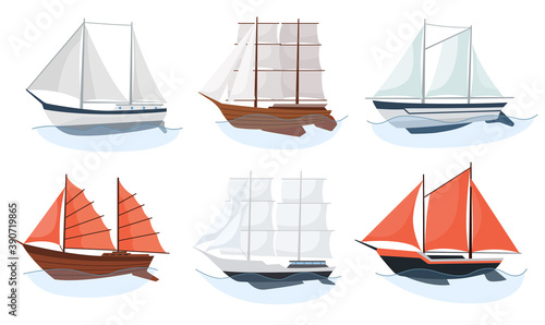 Sea sailboats ships set of water carriage and maritime transport in modern flat design style. Vector collection of ship, boat, vessel or yacht on the sea waves