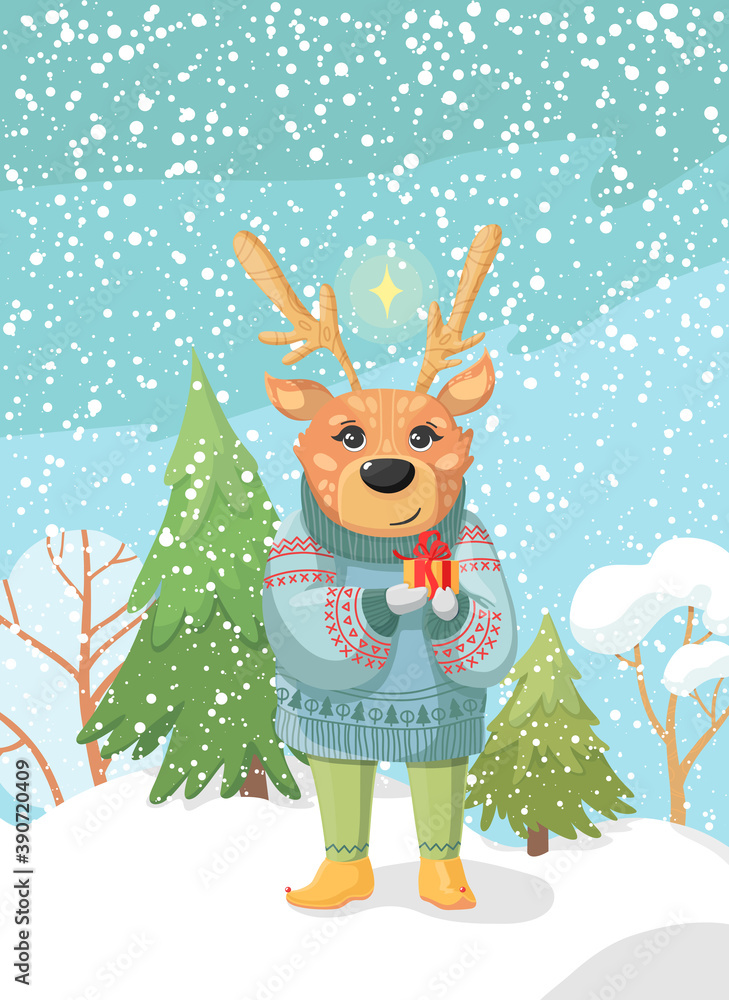 Christmas card with a deer in a cozy sweater holding a gift. Winter snowy landscape with snowdrifts, fir trees and trees. New Year cute vector illustration.
