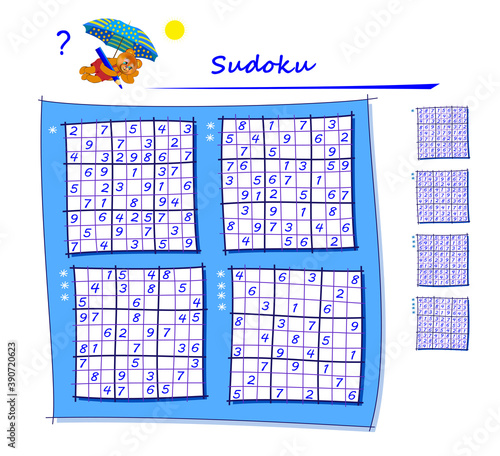 Set of Sudoku puzzles. Different levels. Logic game for children and adults. Play online. Memory training exercises for seniors.  Printable page for brain kids teaser book. IQ test.