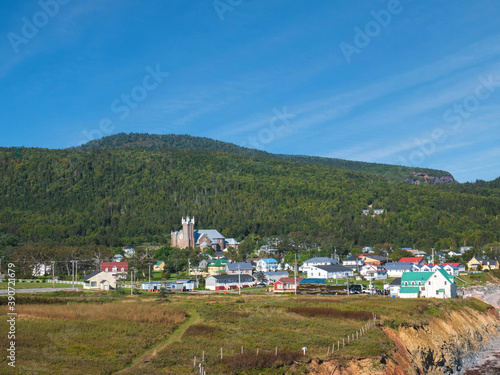 View on the Perce town, a popular spot for tourists. Perce, Quebec, Canada