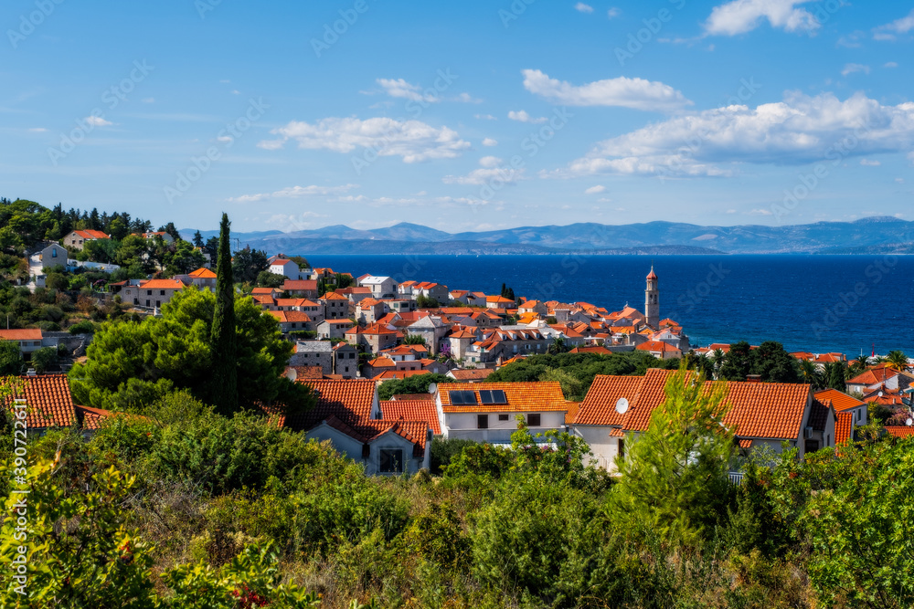 Town of Sutivan skyline view, Island of Brac, Croatia. August 2020