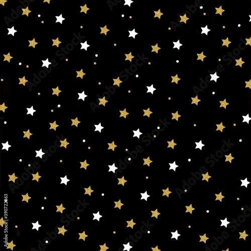 Gold glitter and white stars with dots on black background