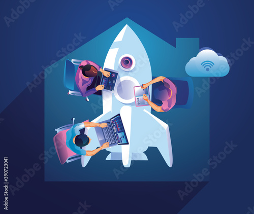 Business Startup launching product with rocket concept. Template and Backgrounds Vector illustration, business project startup process idea through planning and strategy, time management, realization