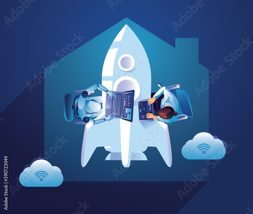 Business Startup launching product with rocket concept. Template and Backgrounds Vector illustration, business project startup process idea through planning and strategy, time management, realization