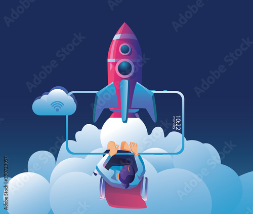 Business Startup launching product with rocket concept. Template and Backgrounds Vector illustration, business project startup process idea through planning and strategy, time management, realization