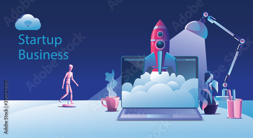 Business Startup launching product with rocket concept. Template and Backgrounds Vector illustration, business project startup process idea through planning and strategy, time management, realization