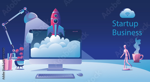 Business Startup launching product with rocket concept. Template and Backgrounds Vector illustration, business project startup process idea through planning and strategy, time management, realization