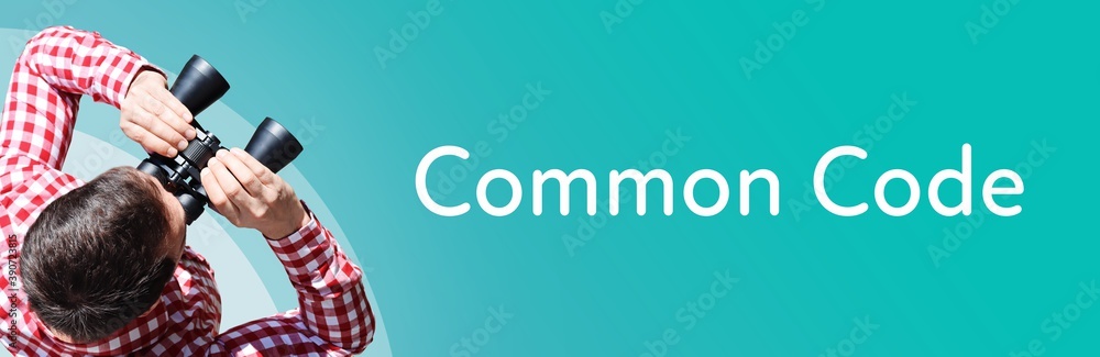 Naklejka premium Common Code. Man observing with binoculars. Focus on text/word. Panorama format. Blue/turquoise background.
