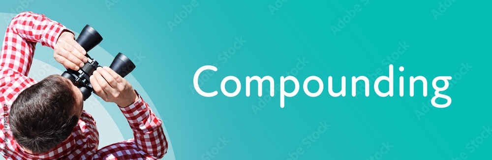 Fototapeta premium Compounding. Man observing with binoculars. Focus on text/word. Panorama format. Blue/turquoise background.