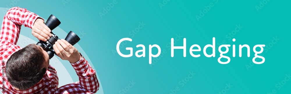 Fototapeta premium Gap Hedging. Man observing with binoculars. Focus on text/word. Panorama format. Blue/turquoise background.