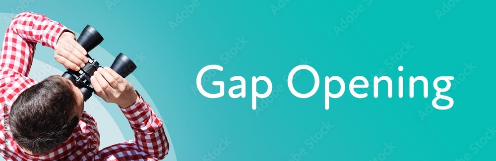 Naklejka premium Gap Opening. Man observing with binoculars. Focus on text/word. Panorama format. Blue/turquoise background.