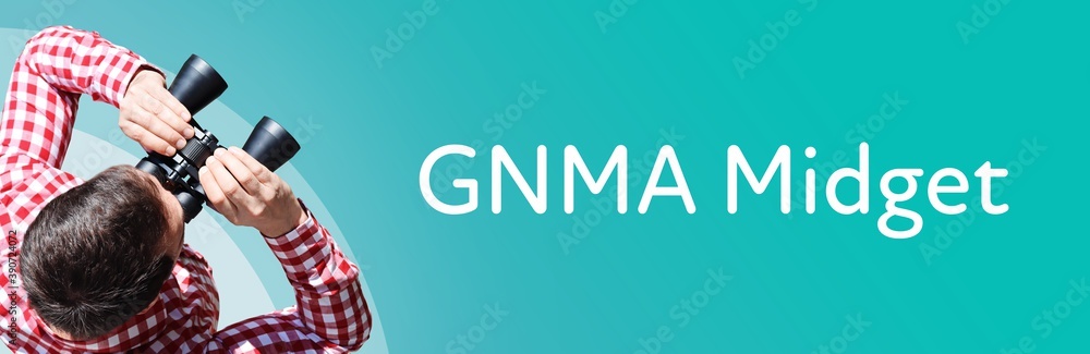 Fototapeta premium GNMA Midget. Man observing with binoculars. Focus on text/word. Panorama format. Blue/turquoise background.