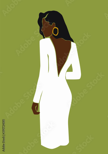 Elegant black woman in white dress on the isolated olive background. Vector abstract illustration.