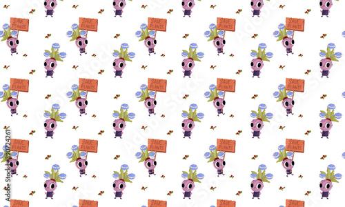 Wallpaper Mural Venus flytrap pattern. monsters with plants on their heads in blue, pink and blue colors. The monster rolls a cart with flowers. Patterns Torontodigital.ca