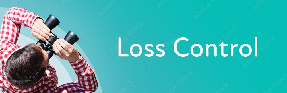 Fototapeta premium Loss Control. Man observing with binoculars. Focus on text/word. Panorama format. Blue/turquoise background.