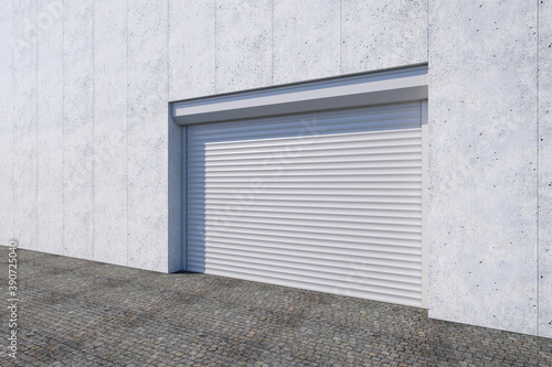 Closed shutter door or roller door on gate building, 3d rendering
