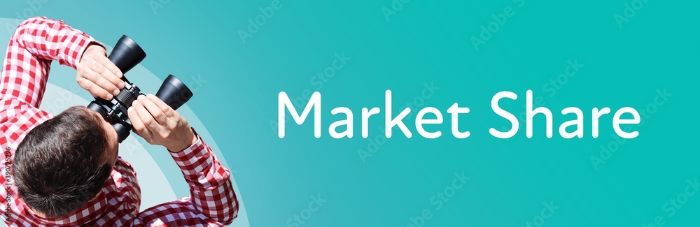 Naklejka premium Market Share. Man observing with binoculars. Focus on text/word. Panorama format. Blue/turquoise background.