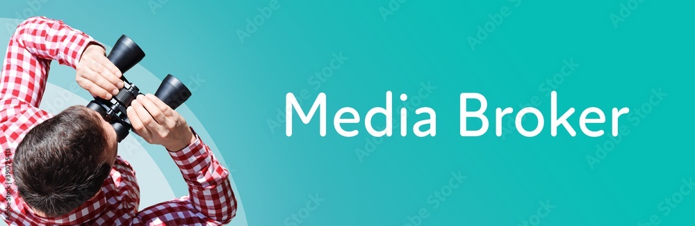 Naklejka premium Media Broker. Man observing with binoculars. Focus on text/word. Panorama format. Blue/turquoise background.