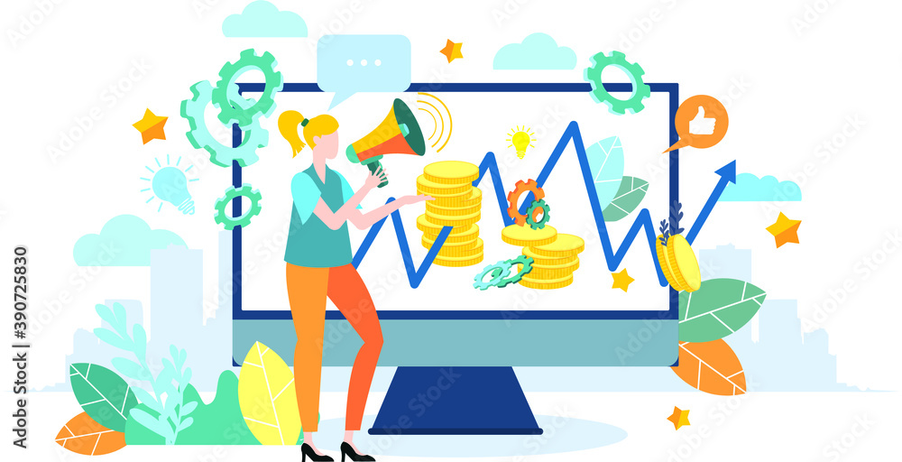 A person works with a schedule. A man with a megaphone explains the schedule. Achieving goal. Modern flat colorful vector illustration. A person works with a schedule. A man with a megaphone explains the schedule. Achieving goal. Modern flat colorful vector illustration.