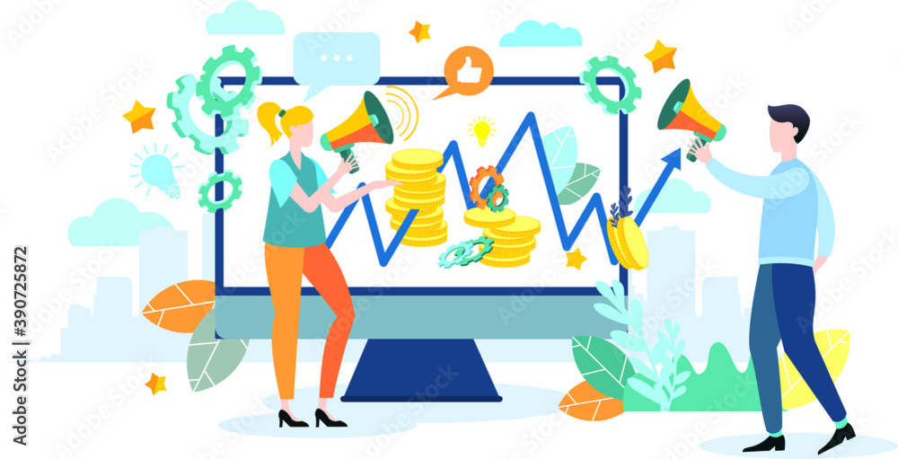 A person works with a schedule. A man with a megaphone explains the schedule. Achieving goal. Modern flat colorful vector illustration. A person works with a schedule. A man with a megaphone explains the schedule. Achieving goal. Modern flat colorful vector illustration.