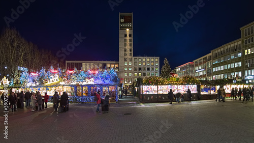 Stuttgart, Germany. Christmas market at Marktplatz (Market Square) in front of the Stuttgart Town Hall in dusk. © Mikhail Markovskiy