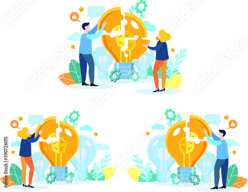 A man puts together a puzzle with a light bulb. Put together a puzzle, create an idea. Modern flat colorful vector illustration.