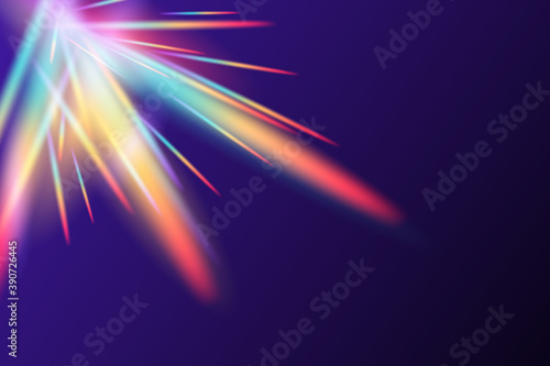 Rainbow flare lens realistic effect. Vector illustration of light refraction texture overlay glare for photo and mockups. Transparent holographic streaks background