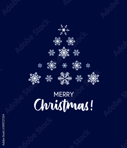 Merry Christmas card design with New Year tree and snowflakes on blue background