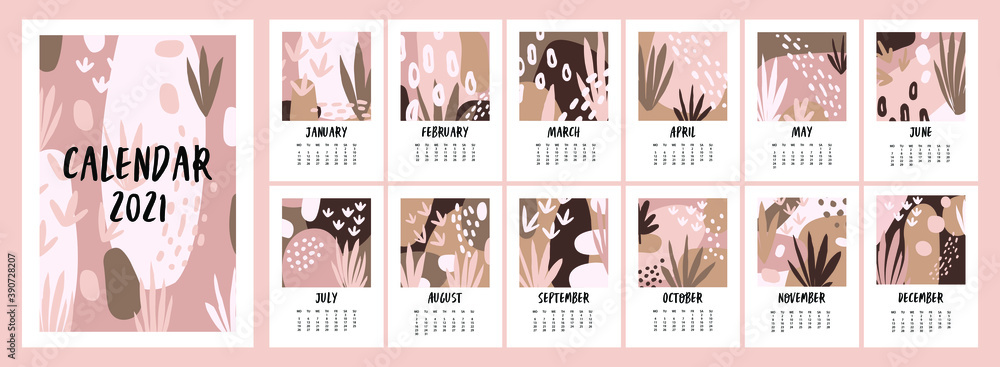 Calendar for 2021. Cute hygge calendar for 2021. Fashion calendar in Scandinavian style in beige tones. Vector template. Calendar for 2021. Cute hygge calendar for 2021. Fashion calendar in Scandinavian style in beige tones. Vector template.