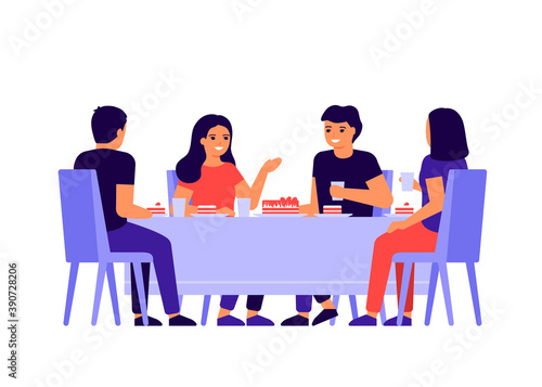 Group of young people are sitting together at table, talking and eating. Happy friends celebrate holiday and eat cake. Men and women taste food at home, in restaurant or cafe. Vector illustration