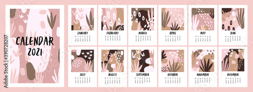 Calendar for 2021. Cute hygge calendar for 2021. Fashion calendar in Scandinavian style in beige tones. Vector template.