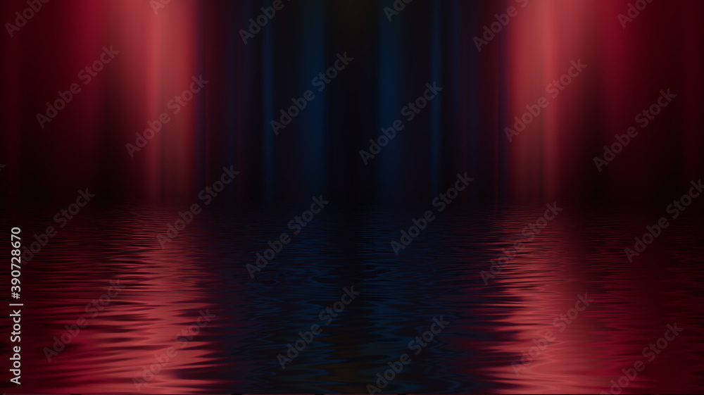 Fototapeta premium Empty futuristic dramatic scene. Abstract dark landscape, street. Neon light fluid element. Night view, neon blue light. Fantasy background. 3D illustration