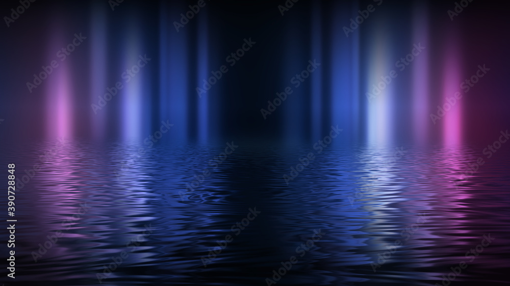Obraz premium Empty futuristic dramatic scene. Abstract dark landscape, street. Neon light fluid element. Night view, neon blue light. Fantasy background. 3D illustration