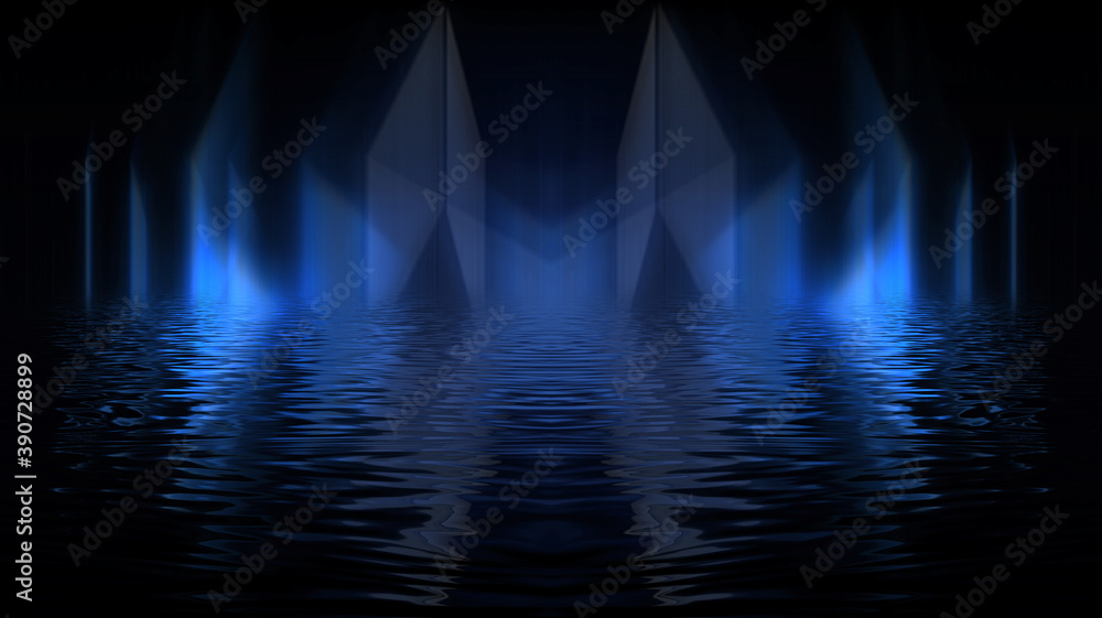 Fototapeta premium Empty futuristic dramatic scene. Abstract dark landscape, street. Neon light fluid element. Night view, neon blue light. Fantasy background. 3D illustration