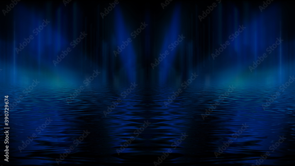 Obraz premium Empty futuristic dramatic scene. Abstract dark landscape, street. Neon light fluid element. Night view, neon blue light. Fantasy background. 3D illustration
