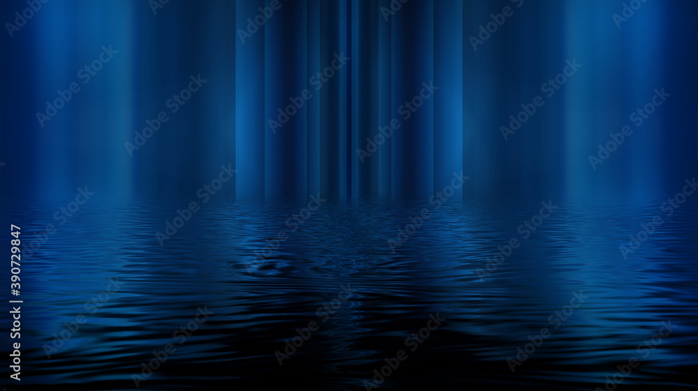 Fototapeta premium Empty futuristic dramatic scene. Abstract dark landscape, street. Neon light fluid element. Night view, neon blue light. Fantasy background. 3D illustration