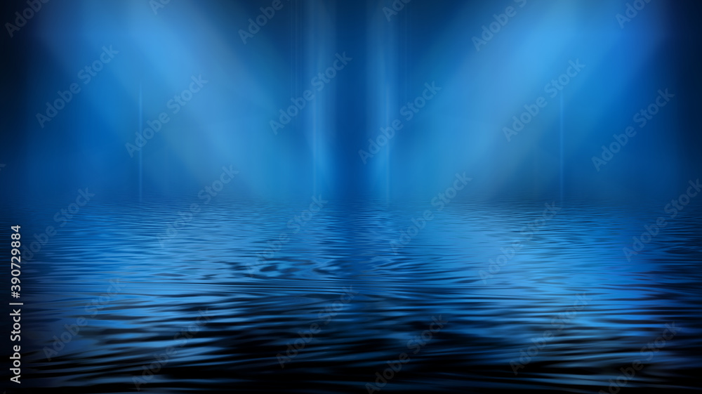Empty futuristic dramatic scene. Abstract dark landscape, street. Neon light fluid element. Night view, neon blue light. Fantasy background. 3D illustration Empty futuristic dramatic scene. Abstract dark landscape, street. Neon light fluid element. Night view, neon blue light. Fantasy background. 3D illustration