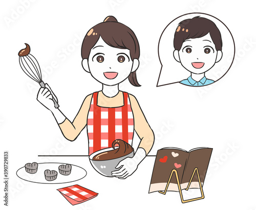 バレンタインチョコを作る　女性　男性吹き出し