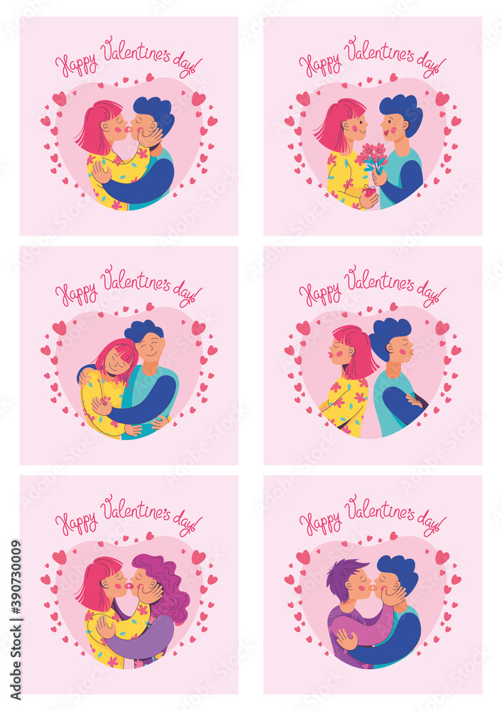 Set of St. Valentine's Day cards. Couples, relationships, emotions, lgbt. Vector illustration, character design, collection of holiday cards