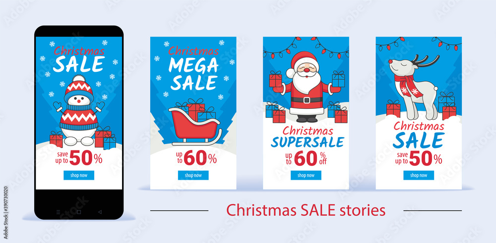 Christmas sale story templates set. Vector illustration, flyer, banner