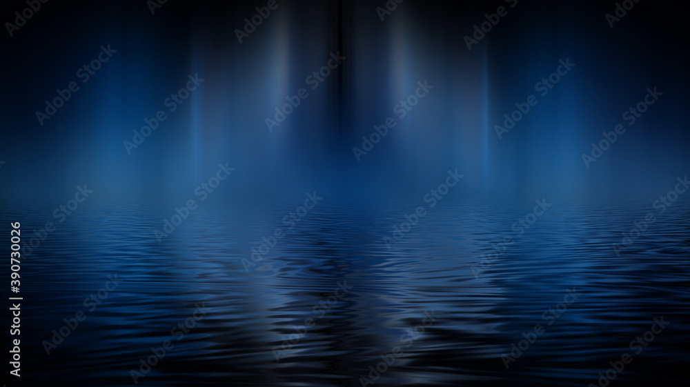 Fototapeta premium Empty futuristic dramatic scene. Abstract dark landscape, street. Neon light fluid element. Night view, neon blue light. Fantasy background. 3D illustration