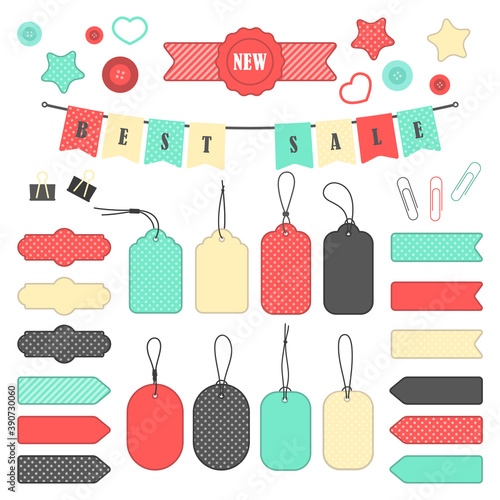 Vector stickers, price tag, banner, label. Coupon sale, offers and promotions vector template. Set for scrap-booking.