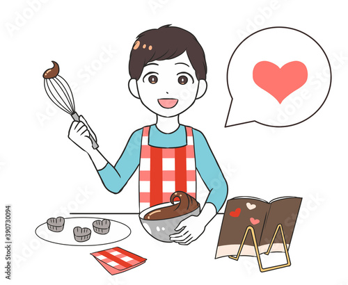 バレンタインチョコを作る　男性　ハート吹き出し