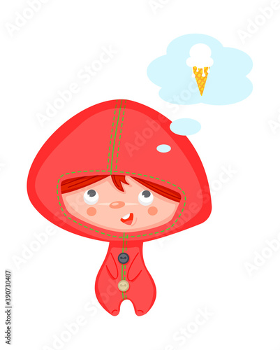 Cartoon vector color character. Little boy in pajamas dreaming of an ice cream cone.