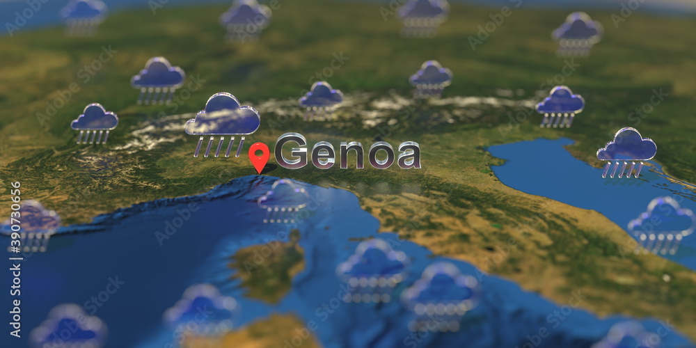 Rainy weather icons near Genoa city on the map, weather forecast related 3D rendering Rainy weather icons near Genoa city on the map, weather forecast related 3D rendering